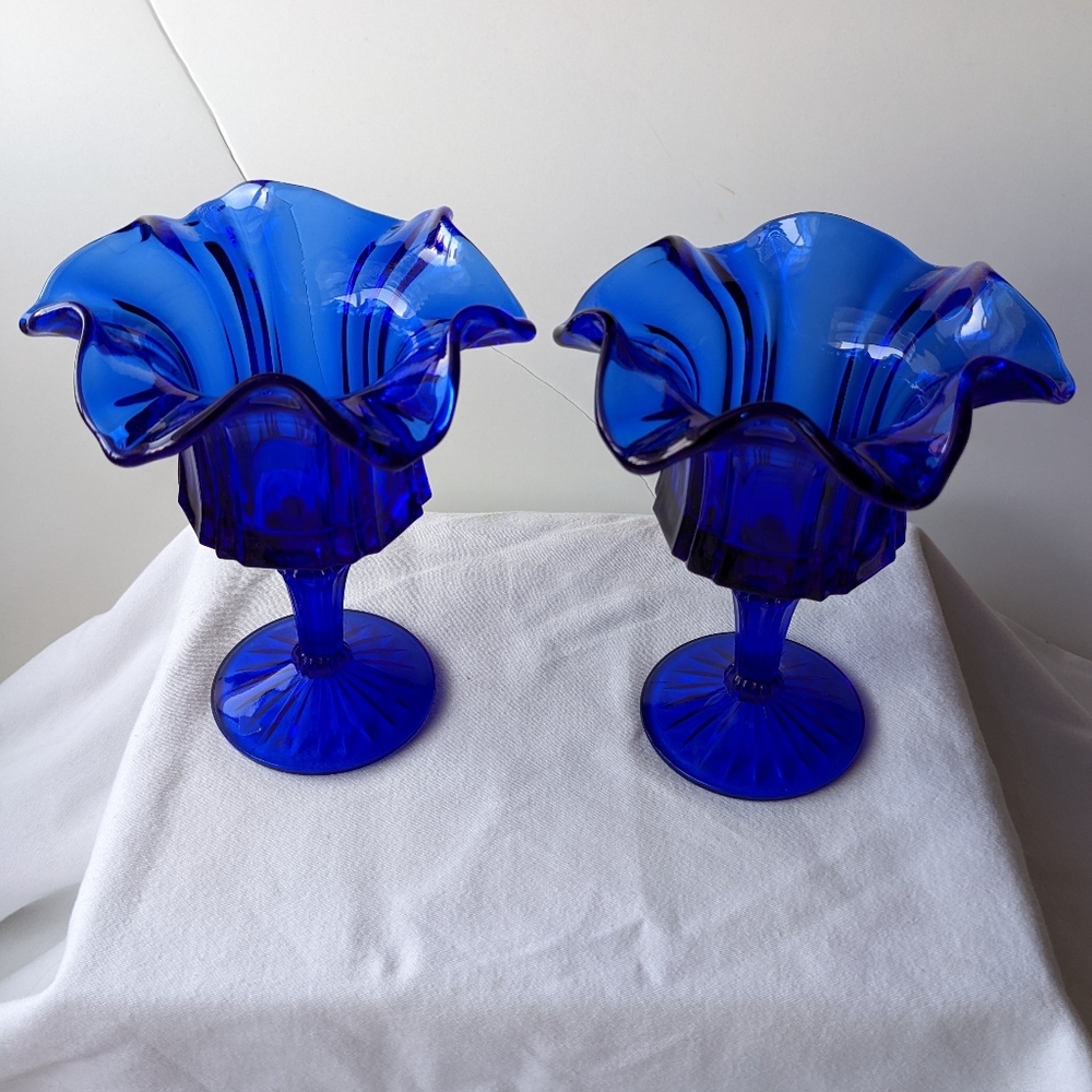 Vintage Fenton Vulcan Cobalt Blue Handmade Crimped Rim Compote Candy Dish - 2 - Picture 5 of 16